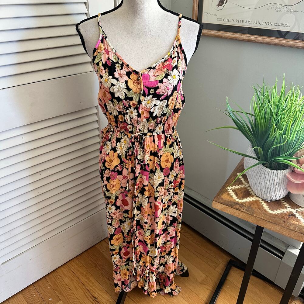 Rewind Sundress Womens Medium Tropical Floral Strappy Midi Euro Summer Boho Chic